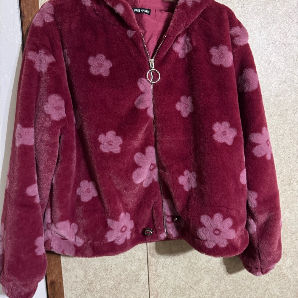 Kids Floral Fleece Jacket - Burgundy